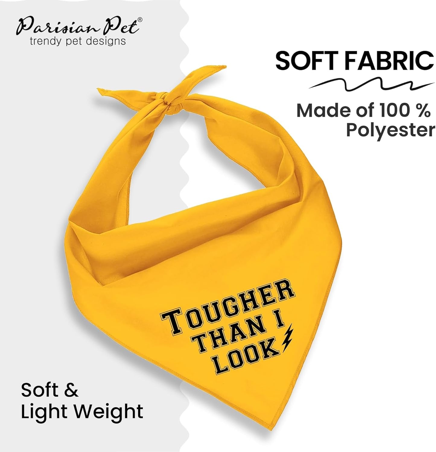 Dog Bandanas with Printed 'Tougher than I Look' - Tie-On Adjustable Dog Bandana - Polyester Dog Scarf for Small Dogs - Triangle Dog Bib - Yellow Handkerchief for Pets - S
