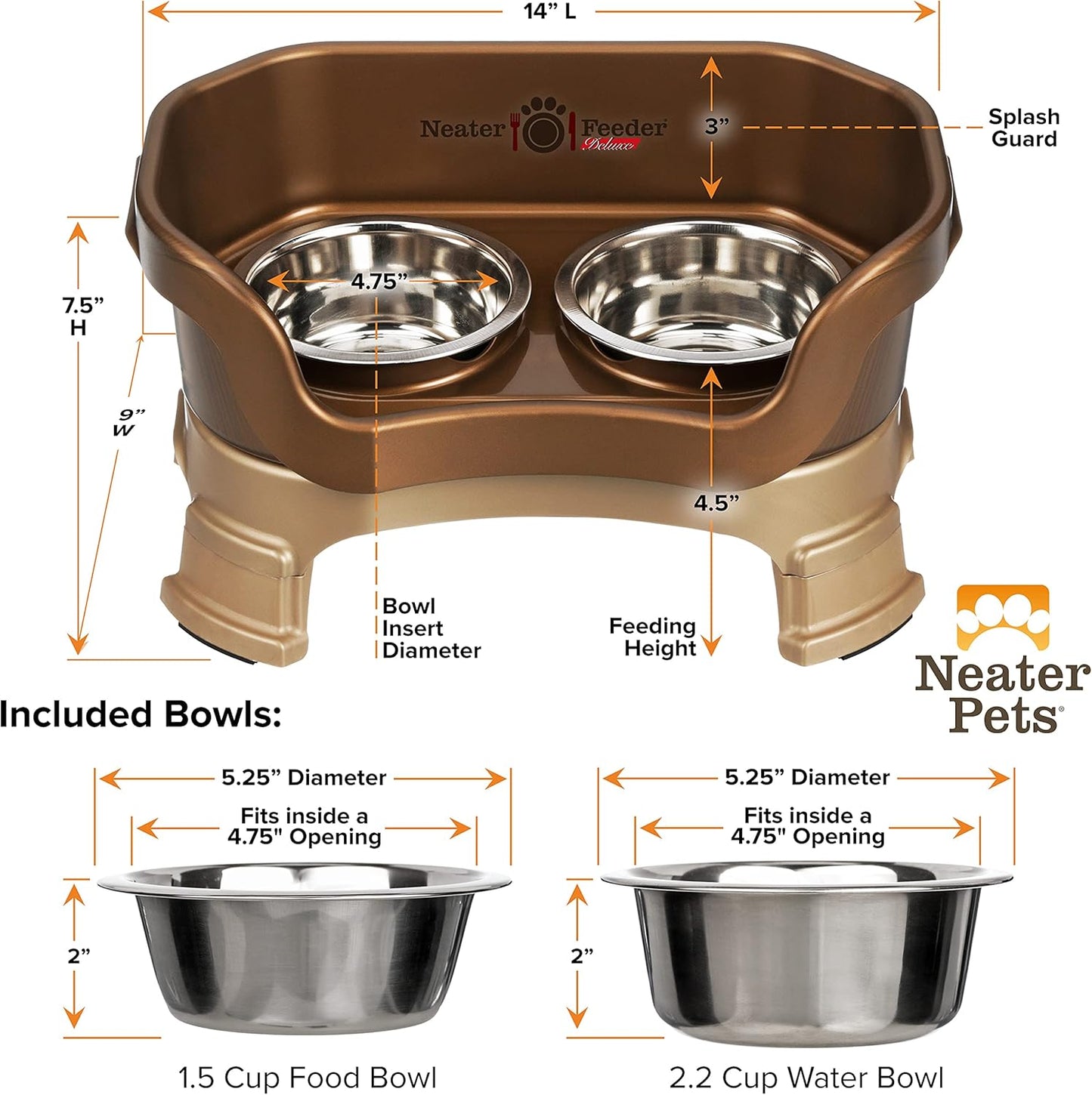 Neater Feeder Deluxe Mess Proof Dog Bowls Elevated for Small Breeds – Made in USA – No Spill Raised Dog Food Bowl Stand W/Leg Extensions – Stainless Steel Dog Food and Water Bowl Set – Bronze