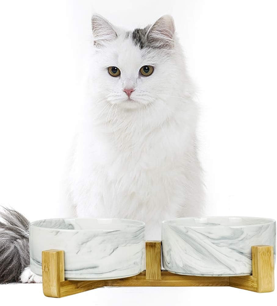 Marble Black Ceramic Ceramic Dog Bowl with Wood Stand No Spill Pet Food Water Feeder Cats Small Dogs Set of 2