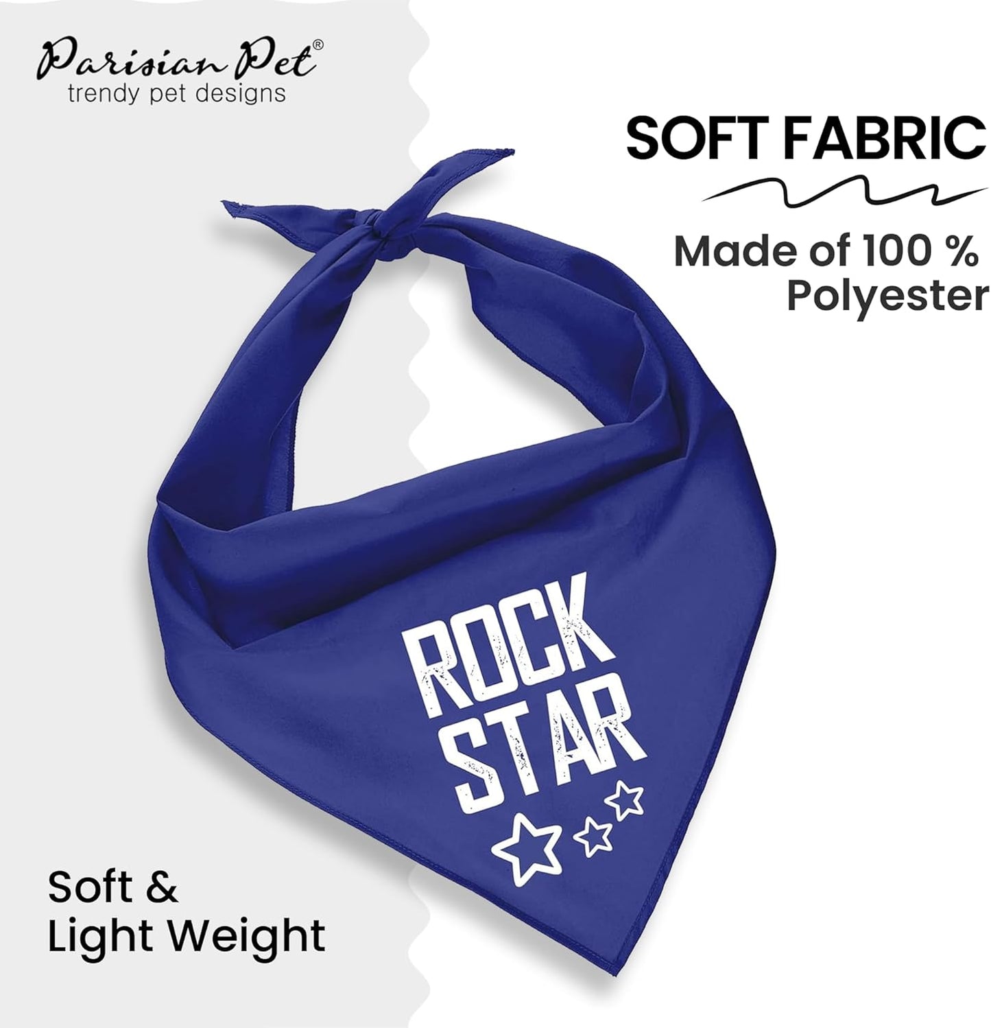 Unisex Dog Bandanas with Printed 'Rock Star' - Fashionable Tie-On Adjustable, Polyester Dog Scarf for Small Dogs - Washable Triangle Female Dog Bib - Blue Handkerchief for Pets - S