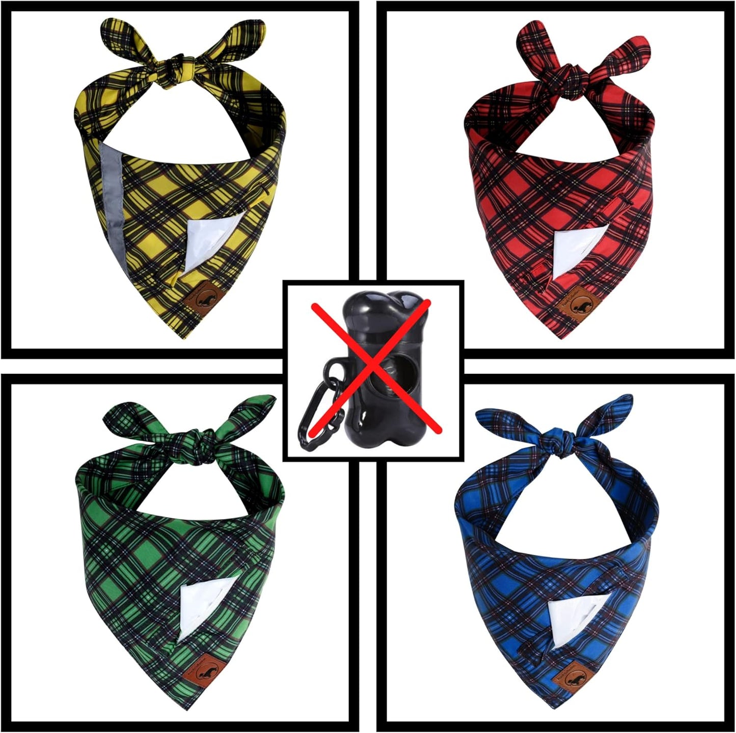 Dog Bandanas with Poop Bags Pocket - Dog Bandanas Large. 4-Pack Dog Bandanas, Includes 1 Reflective Dog Scarf. Reversible Bandanas for Dogs. Eliminate Poop Bag Holder