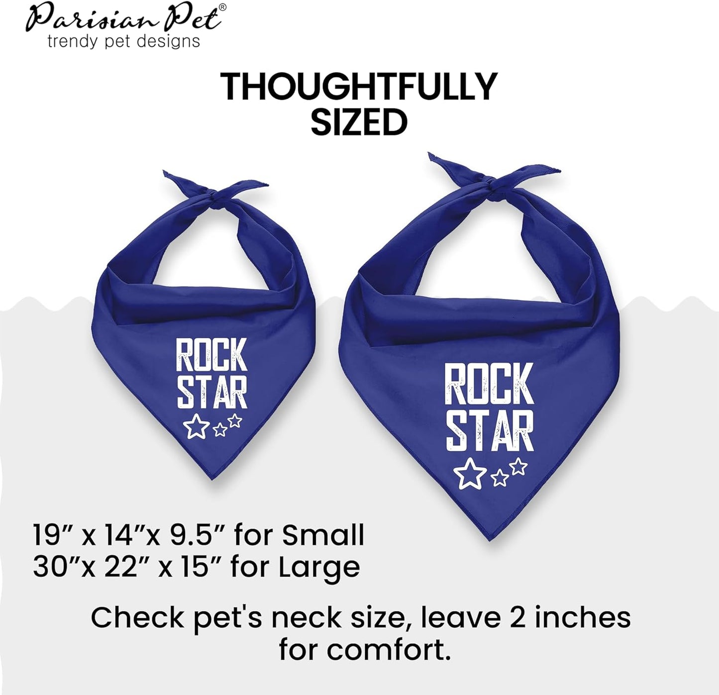 Unisex Dog Bandanas with Printed 'Rock Star' - Fashionable Tie-On Adjustable, Polyester Dog Scarf for Small Dogs - Washable Triangle Female Dog Bib - Blue Handkerchief for Pets - S