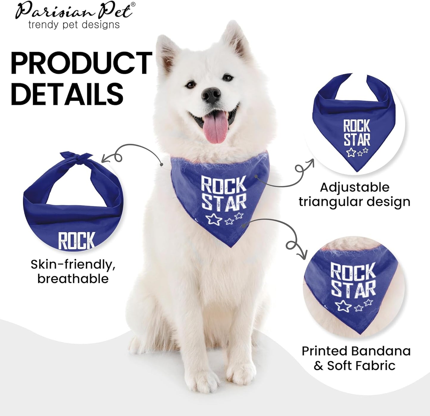 Unisex Dog Bandanas with Printed 'Rock Star' - Fashionable Tie-On Adjustable, Polyester Dog Scarf for Small Dogs - Washable Triangle Female Dog Bib - Blue Handkerchief for Pets - S