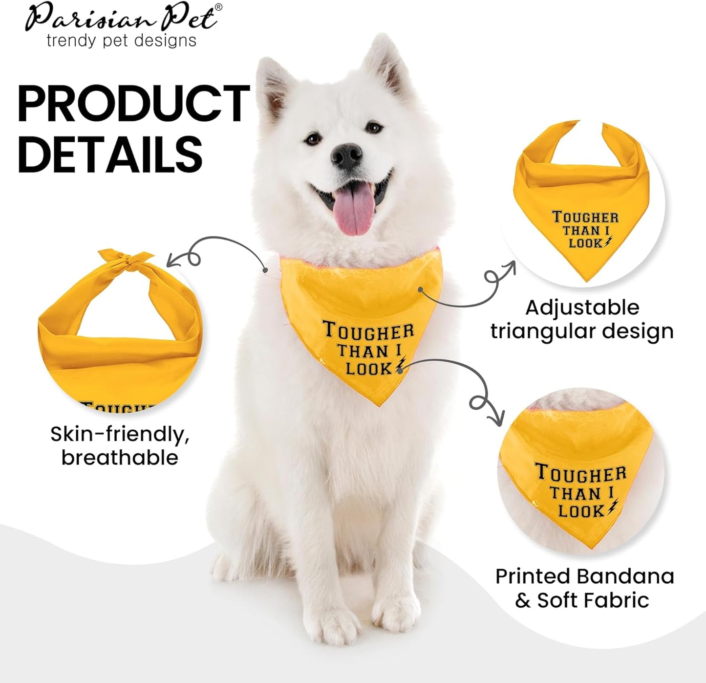 Dog Bandanas with Printed 'Tougher than I Look' - Tie-On Adjustable Dog Bandana - Polyester Dog Scarf for Small Dogs - Triangle Dog Bib - Yellow Handkerchief for Pets - S