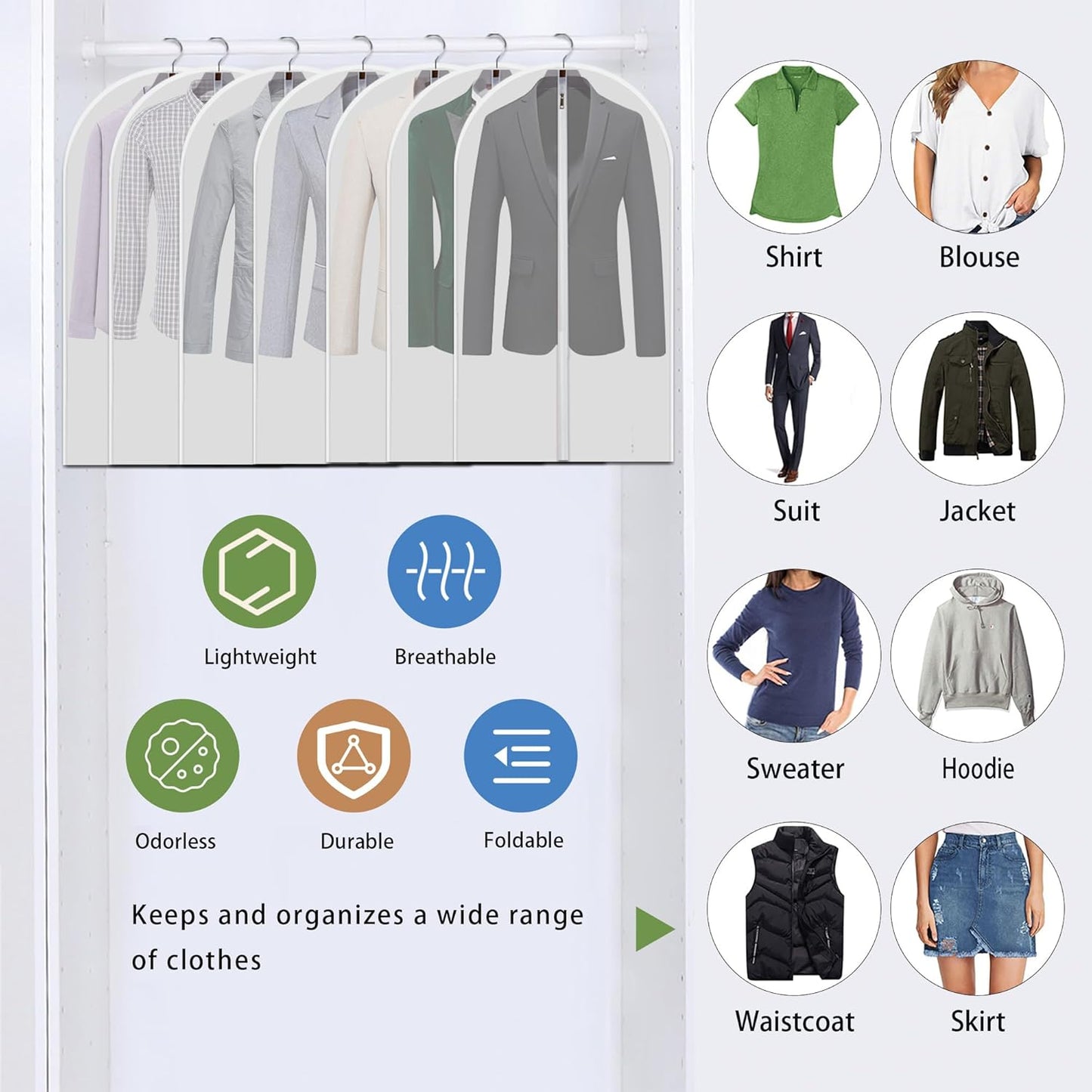 Dust Proof Clear Garment Bags 7 Piece Set - 40 Inch Translucent Suit Bags with Full-Length Zipper for Closet Clothes Storage and Travel. Bonus: 5 Natural Cedar Ball.