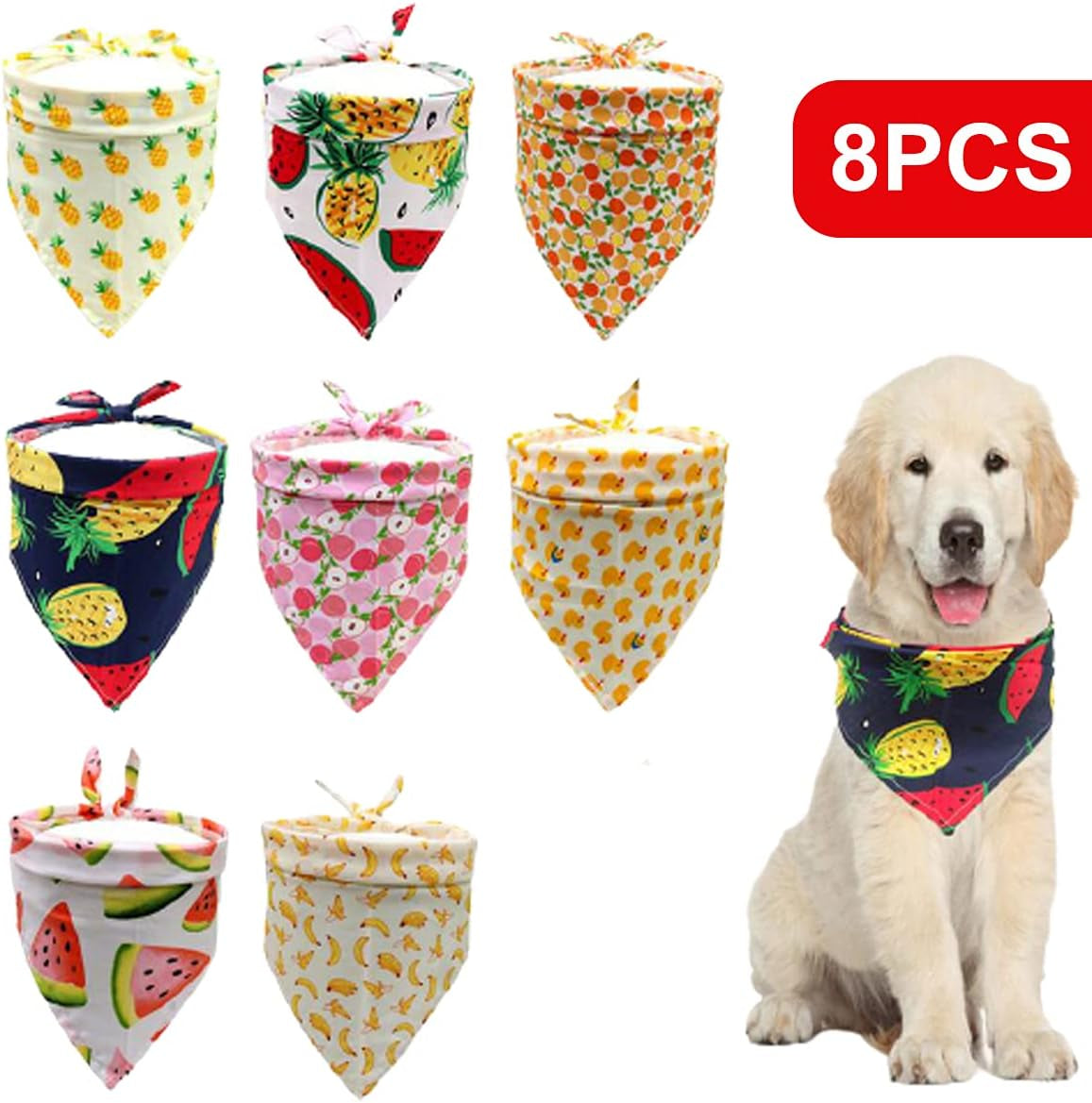 Dog Bandanas,8 Pcs Pet Bandanas Bulk Medium Dog Bandanas Fruit Pattern Summer Style Pet Triangle Bibs for Medium and Large Dog and Cat Pet Kerchief Scarf (Adjustable,Random Color)