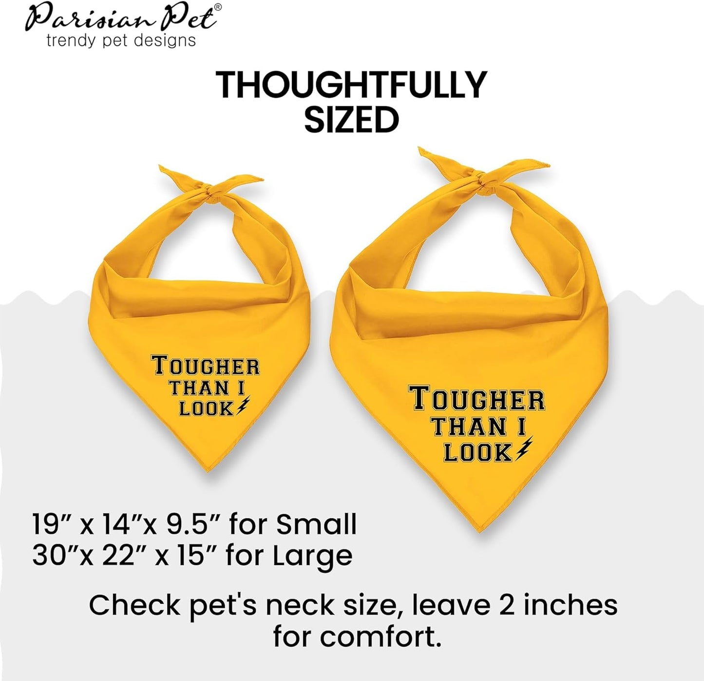 Dog Bandanas with Printed 'Tougher than I Look' - Tie-On Adjustable Dog Bandana - Polyester Dog Scarf for Small Dogs - Triangle Dog Bib - Yellow Handkerchief for Pets - S