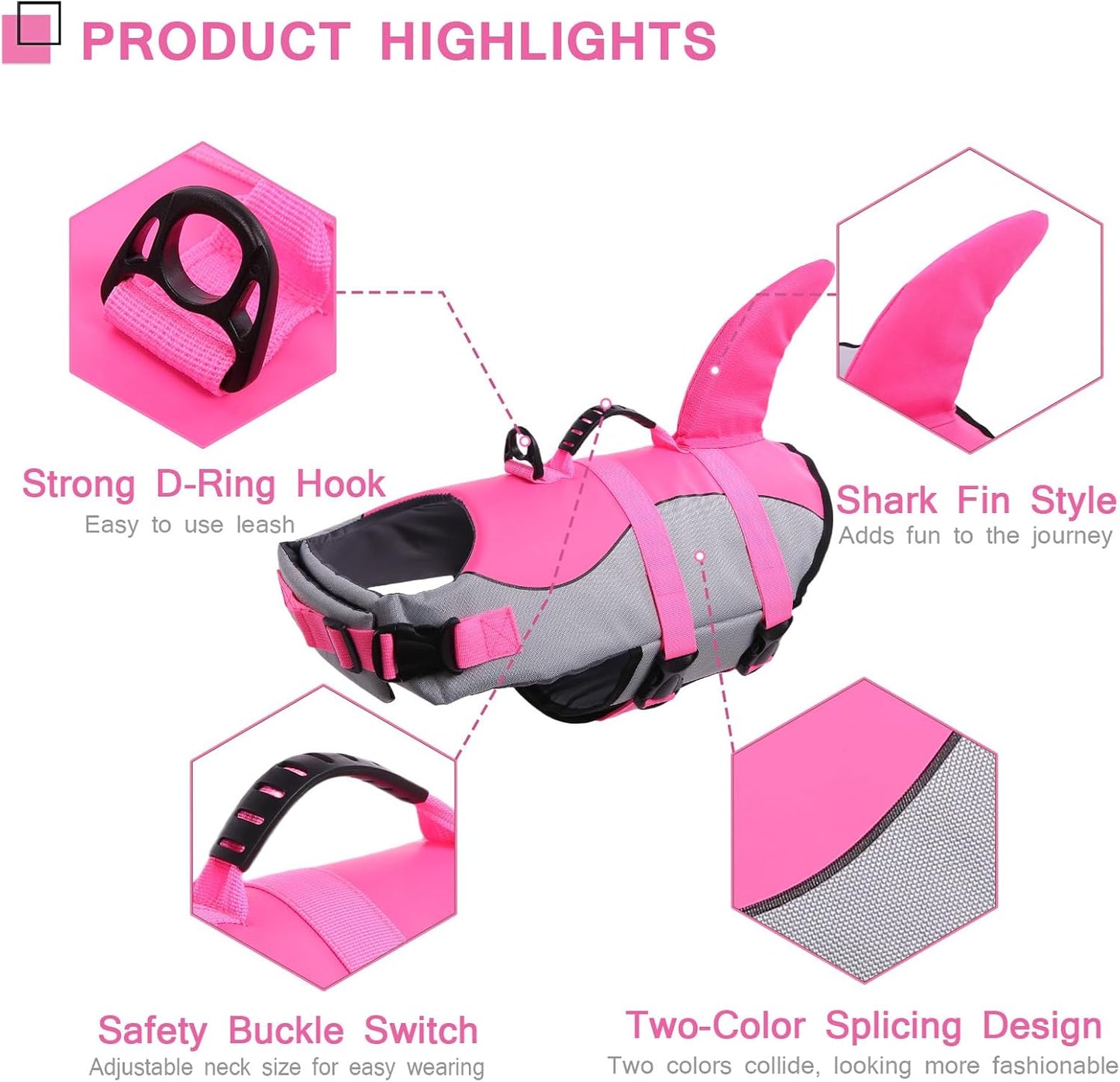 Dog Life Jacket - Pet Safety Vest for Swimming & Boating, Shark Life Jacket with Floatation, Dog Lifesavers Swimsuits for Small Medium Large Dogs (Pink, L)