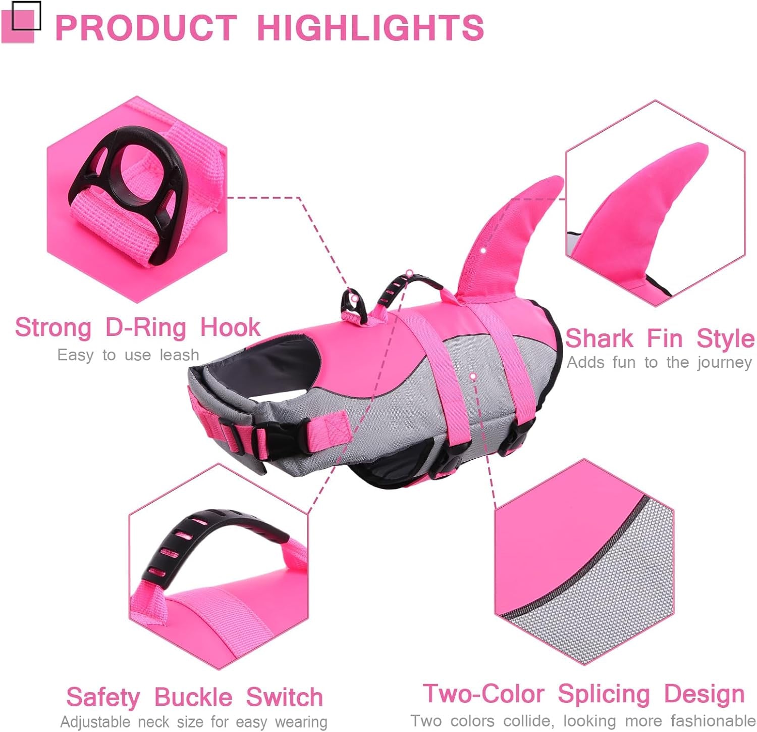 Dog Life Jacket - Pet Safety Vest for Swimming & Boating, Shark Life Jacket with Floatation, Dog Lifesavers Swimsuits for Small Medium Large Dogs (Pink, L)