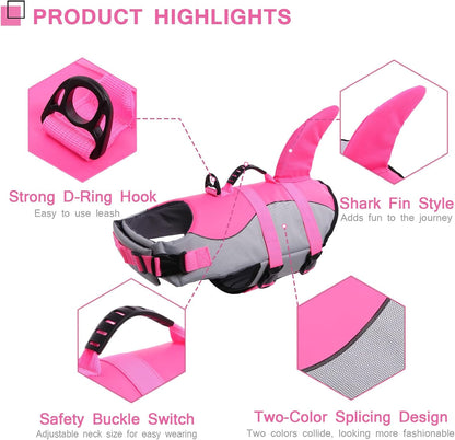 Dog Life Jacket - Pet Safety Vest for Swimming & Boating, Shark Life Jacket with Floatation, Dog Lifesavers Swimsuits for Small Medium Large Dogs (Pink, L)