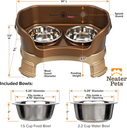 Neater Feeder Deluxe Mess Proof Dog Bowls Elevated for Small Breeds – Made in USA – No Spill Raised Dog Food Bowl Stand W/Leg Extensions – Stainless Steel Dog Food and Water Bowl Set – Bronze