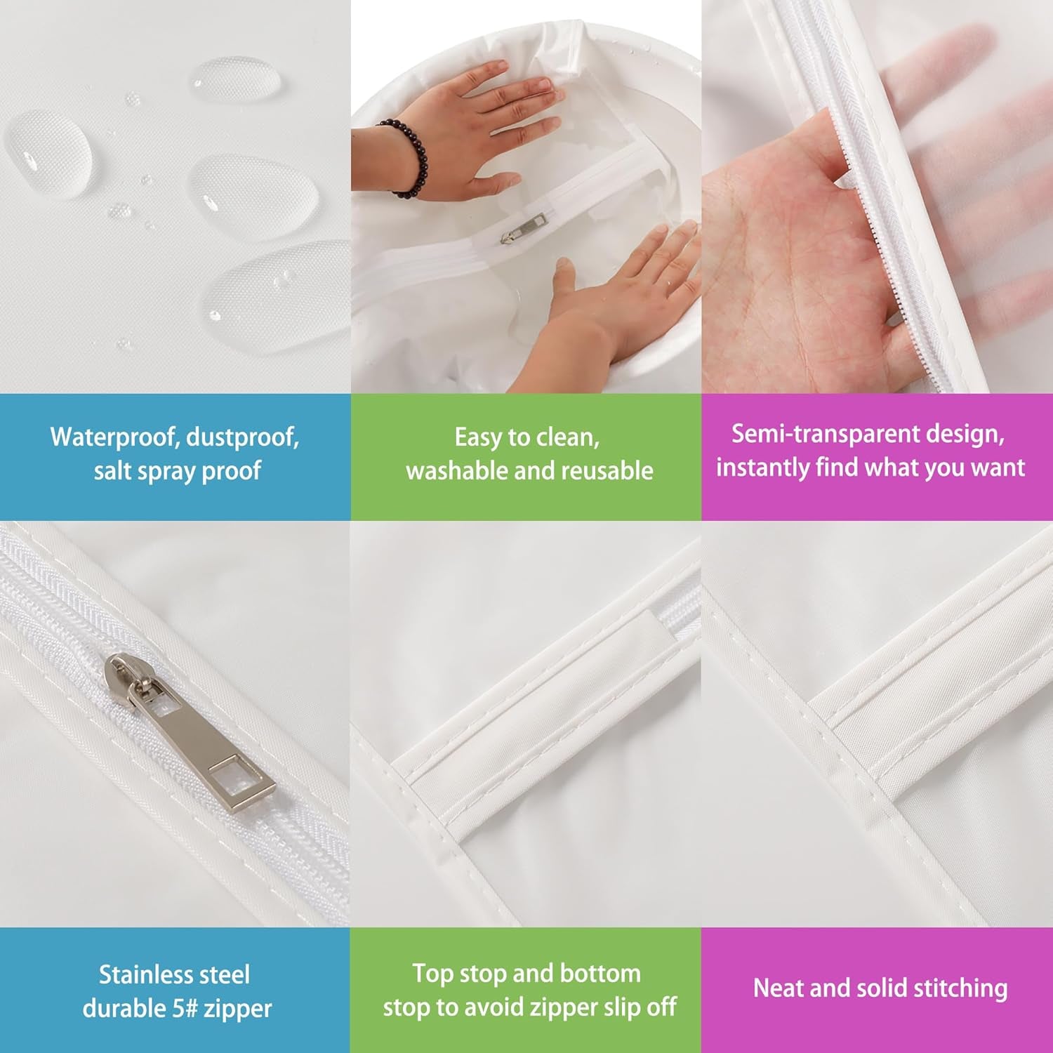 Dust Proof Clear Garment Bags 7 Piece Set - 40 Inch Translucent Suit Bags with Full-Length Zipper for Closet Clothes Storage and Travel. Bonus: 5 Natural Cedar Ball.