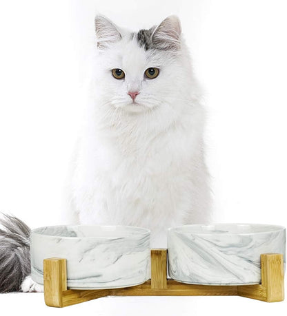 Marble Black Ceramic Ceramic Dog Bowl with Wood Stand No Spill Pet Food Water Feeder Cats Small Dogs Set of 2