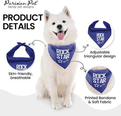Unisex Dog Bandanas with Printed 'Rock Star' - Fashionable Tie-On Adjustable, Polyester Dog Scarf for Small Dogs - Washable Triangle Female Dog Bib - Blue Handkerchief for Pets - S