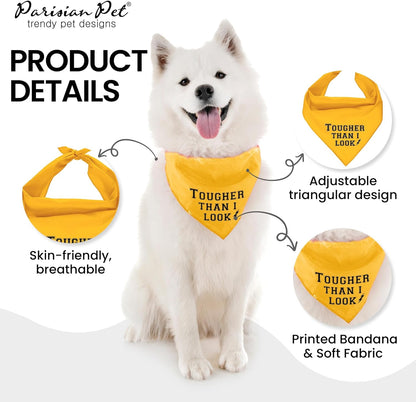 Dog Bandanas with Printed 'Tougher than I Look' - Tie-On Adjustable Dog Bandana - Polyester Dog Scarf for Small Dogs - Triangle Dog Bib - Yellow Handkerchief for Pets - S