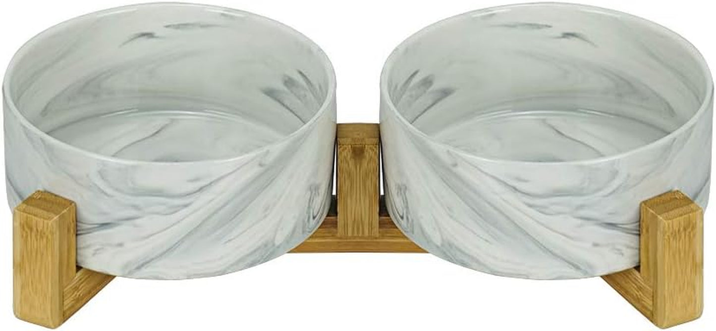 Marble Black Ceramic Ceramic Dog Bowl with Wood Stand No Spill Pet Food Water Feeder Cats Small Dogs Set of 2