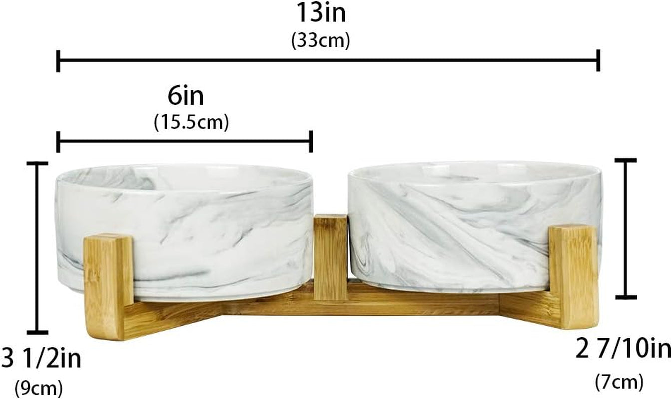 Marble Black Ceramic Ceramic Dog Bowl with Wood Stand No Spill Pet Food Water Feeder Cats Small Dogs Set of 2
