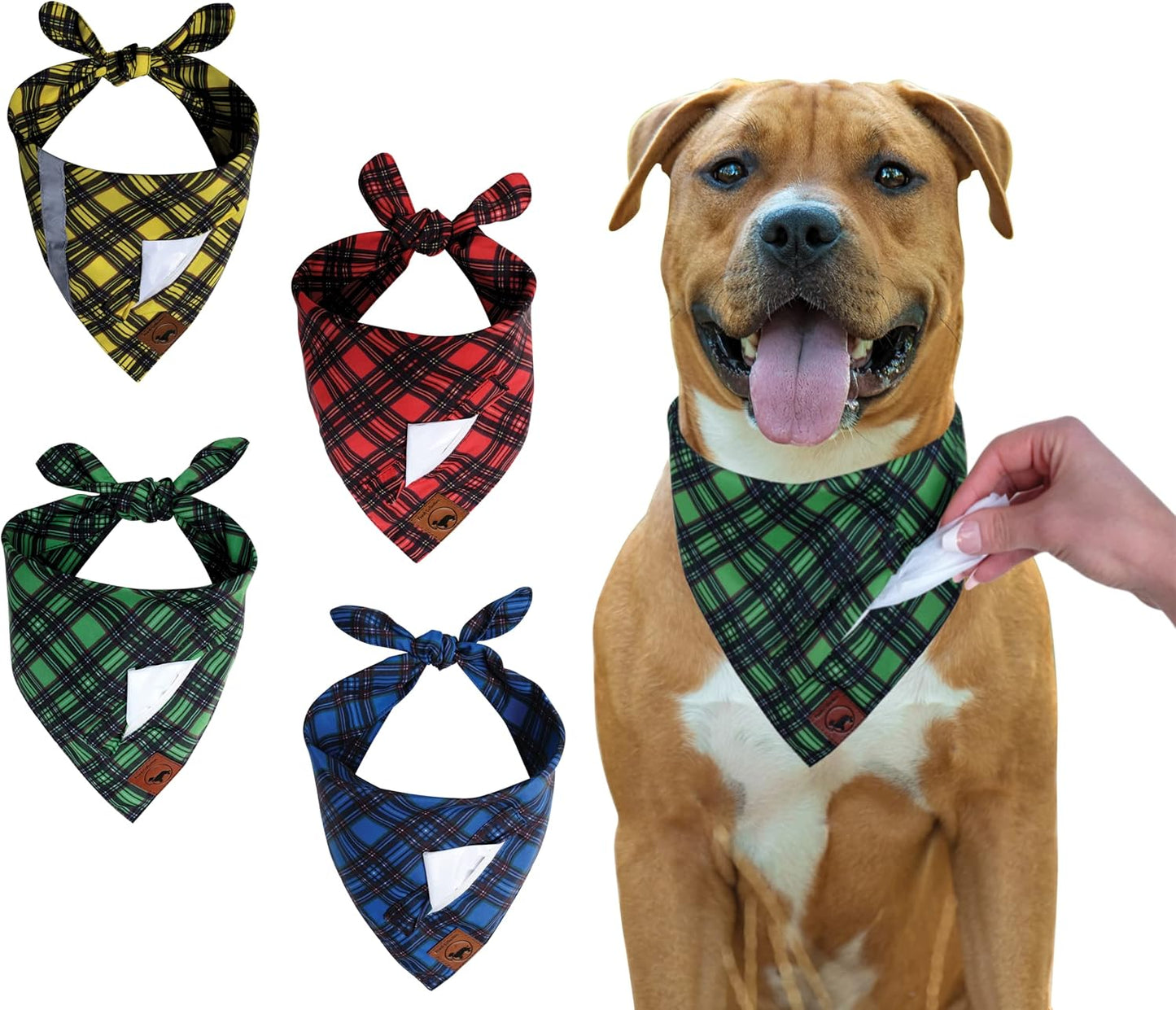 Dog Bandanas with Poop Bags Pocket - Dog Bandanas Large. 4-Pack Dog Bandanas, Includes 1 Reflective Dog Scarf. Reversible Bandanas for Dogs. Eliminate Poop Bag Holder