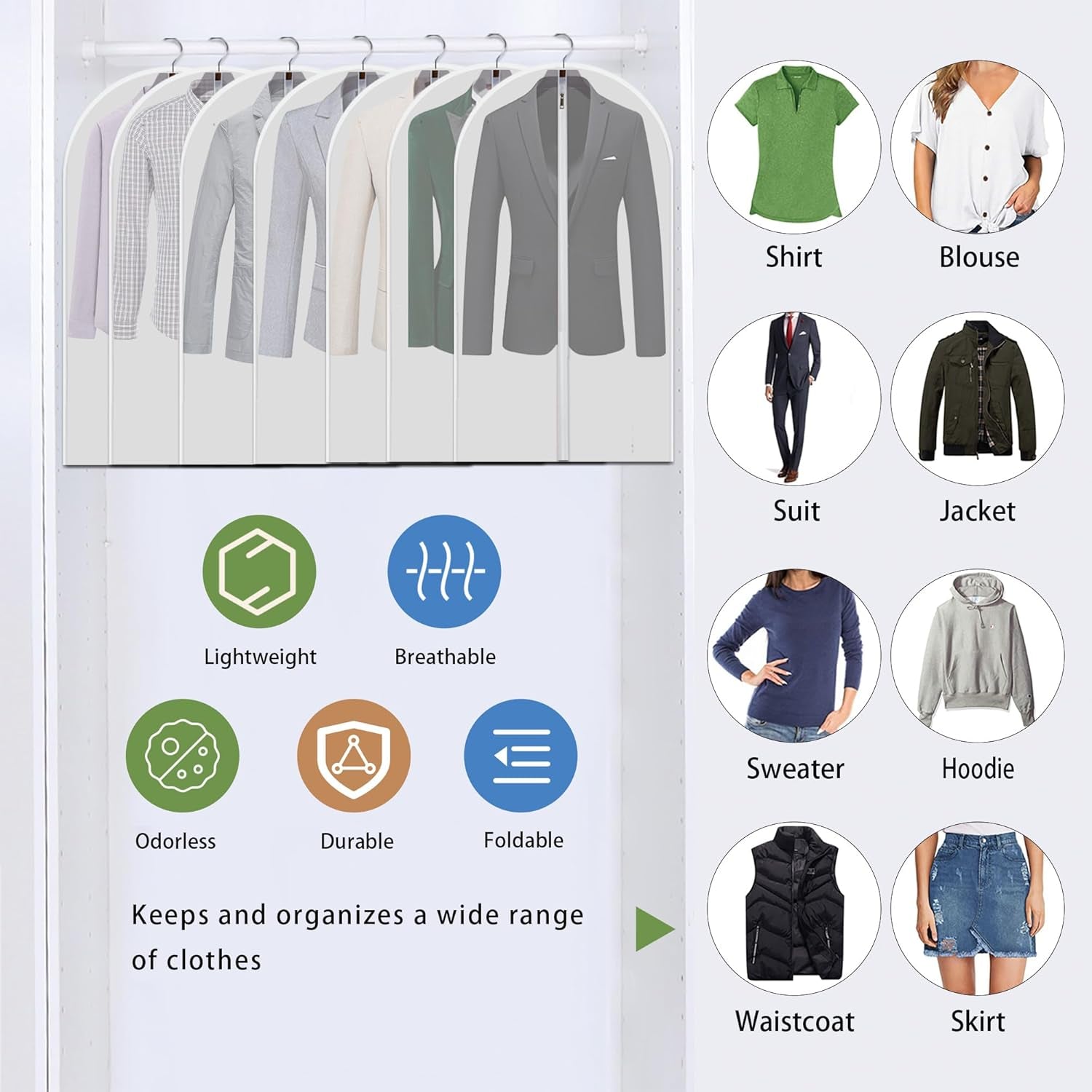 Dust Proof Clear Garment Bags 7 Piece Set - 40 Inch Translucent Suit Bags with Full-Length Zipper for Closet Clothes Storage and Travel. Bonus: 5 Natural Cedar Ball.
