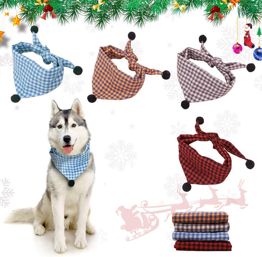 4Pcs Dog Bandana Cotton Pet Bandanas with Balls Square Plaid Bandana for Dogs Washable Dog Kerchief Set Scarf Accessories for Small to Large Dogs Cats Pets, L