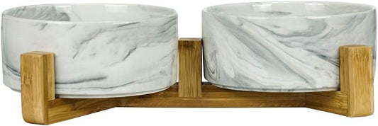 Marble Black Ceramic Ceramic Dog Bowl with Wood Stand No Spill Pet Food Water Feeder Cats Small Dogs Set of 2