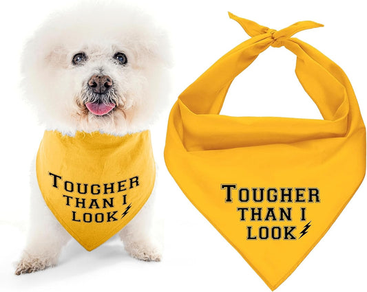 Dog Bandanas with Printed 'Tougher than I Look' - Tie-On Adjustable Dog Bandana - Polyester Dog Scarf for Small Dogs - Triangle Dog Bib - Yellow Handkerchief for Pets - S