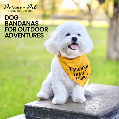 Dog Bandanas with Printed 'Tougher than I Look' - Tie-On Adjustable Dog Bandana - Polyester Dog Scarf for Small Dogs - Triangle Dog Bib - Yellow Handkerchief for Pets - S