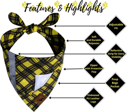 Dog Bandanas with Poop Bags Pocket - Dog Bandanas Large. 4-Pack Dog Bandanas, Includes 1 Reflective Dog Scarf. Reversible Bandanas for Dogs. Eliminate Poop Bag Holder